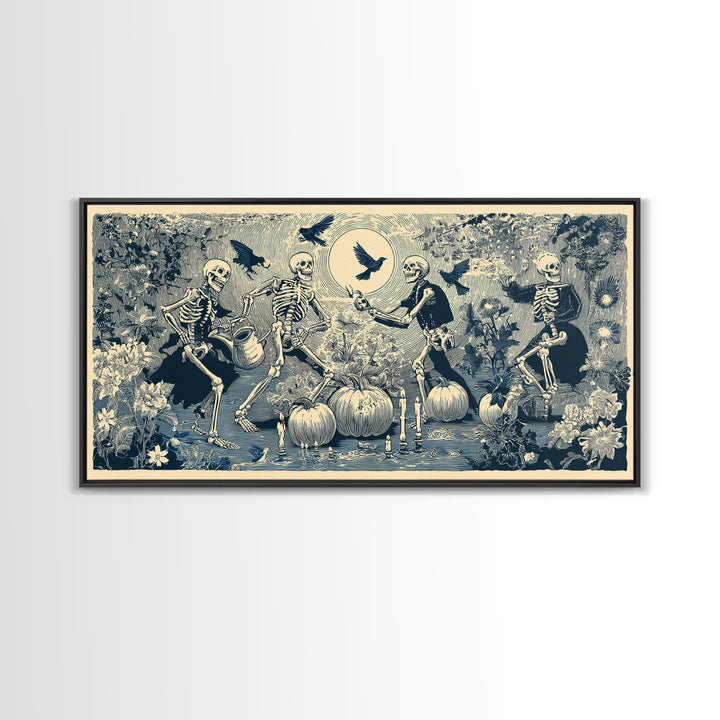 The Skeleton Gardeners, Macabre Folk Print Art, Wide Panoramic Art, Macabre Wall Art, Canvas Print, Halloween Wall Art