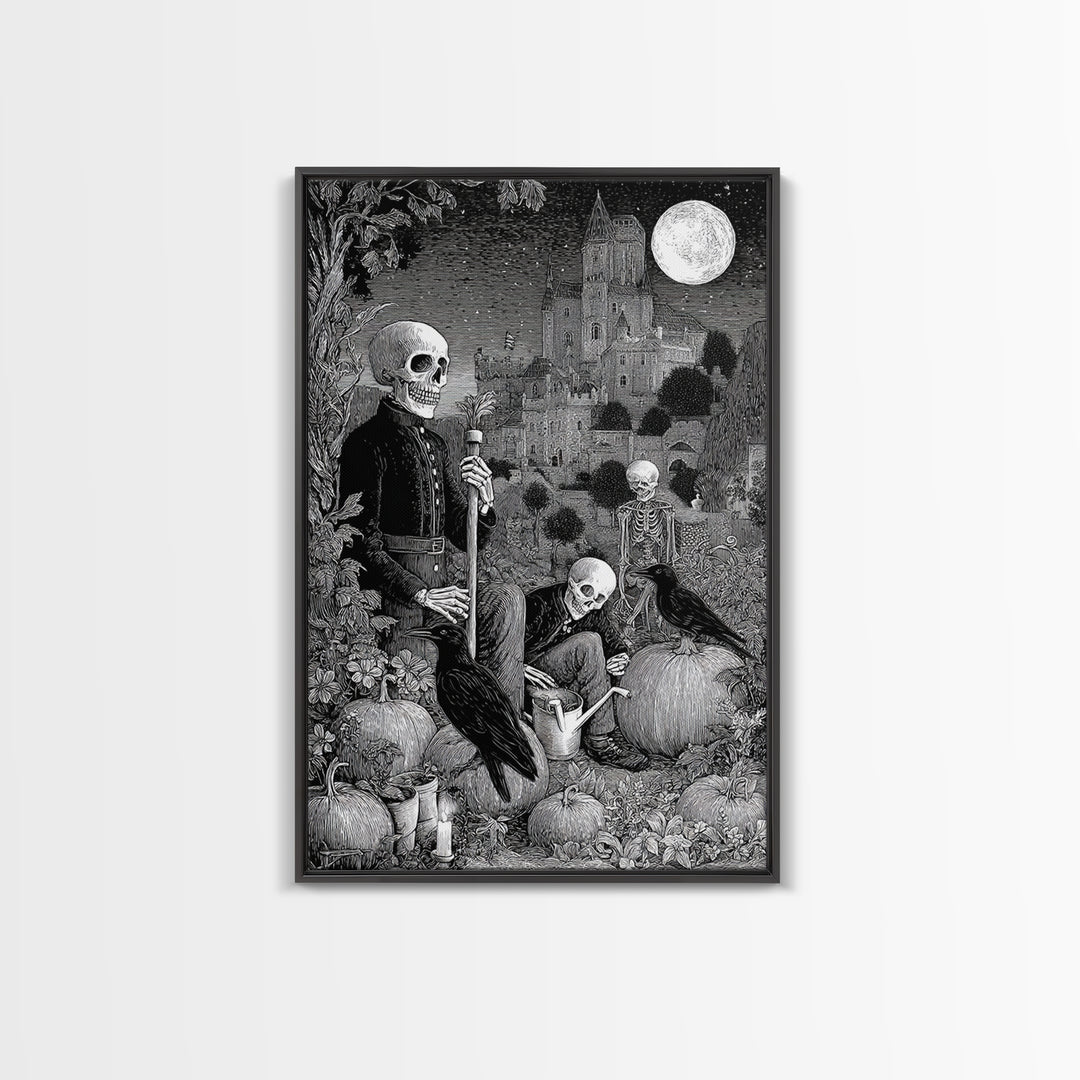The Skeleton Gardeners, Victorian Macabre Art, Vertical Wall Art, Dark Fantasy Wall Art, Canvas Print, Halloween Wall Art