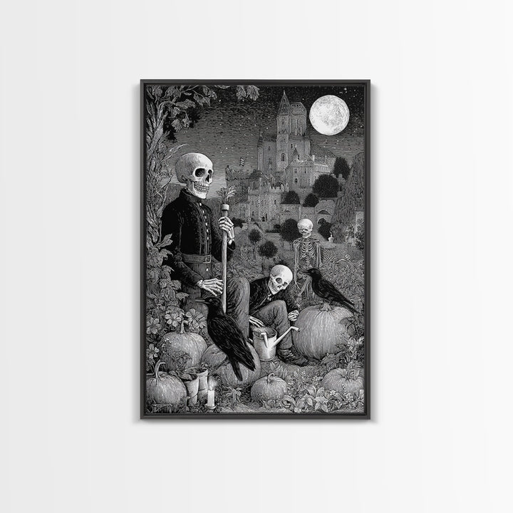 The Skeleton Gardeners, Victorian Macabre Art, Vertical Wall Art, Dark Fantasy Wall Art, Canvas Print, Halloween Wall Art