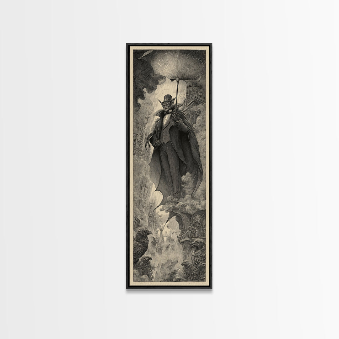 The Bat Umbrella Salesman, Gothic Engraving Art, Tall Narrow Wall Art, Macabre Wall Art, Canvas Print, Halloween Wall Art
