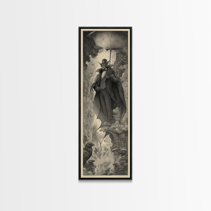 The Bat Umbrella Salesman, Gothic Engraving Art, Tall Narrow Wall Art, Macabre Wall Art, Canvas Print, Halloween Wall Art