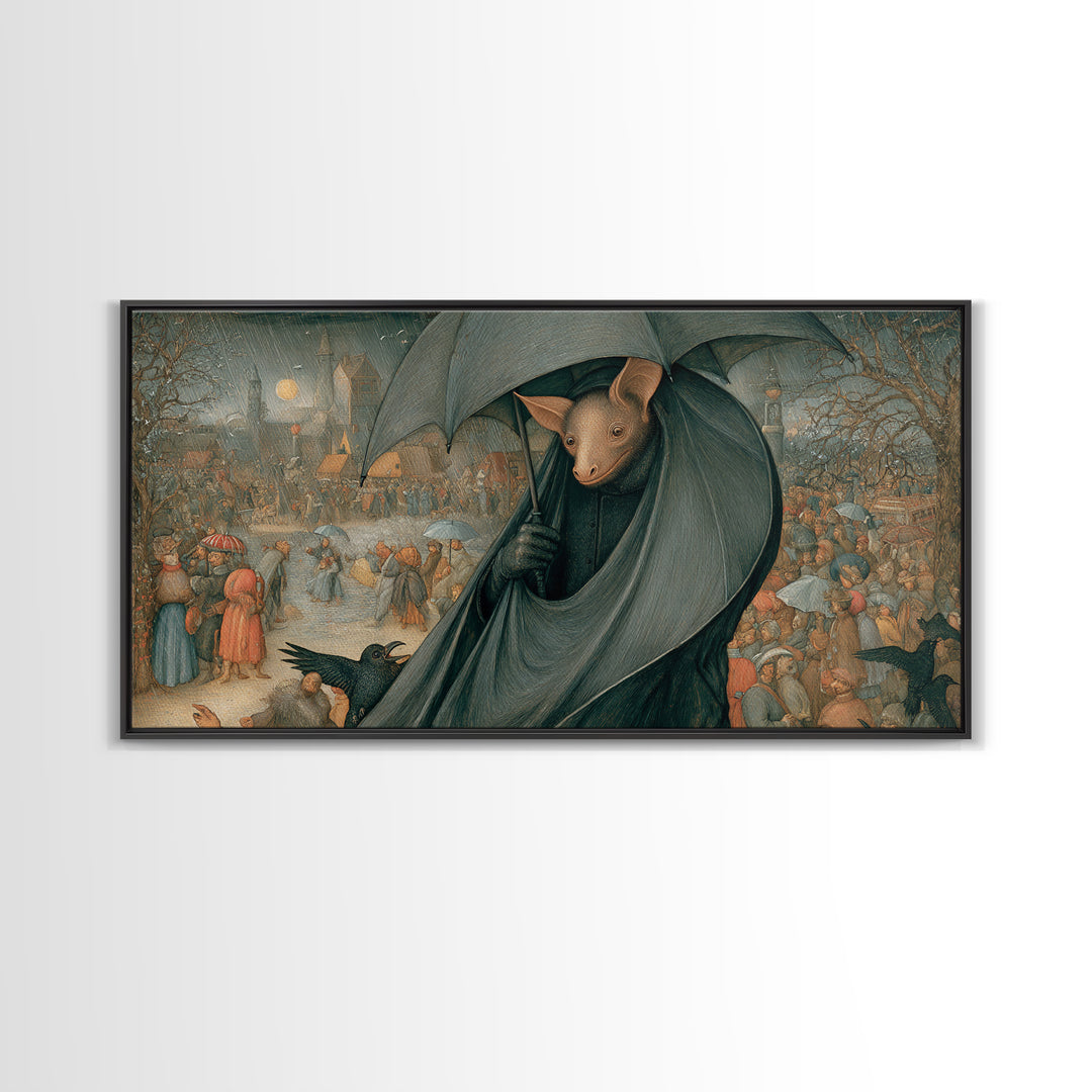 The Bat Umbrella Salesman, Northern Renaissance Horror, Wide Panoramic Art, Gothic Horror Wall Art, Framed Canvas Print