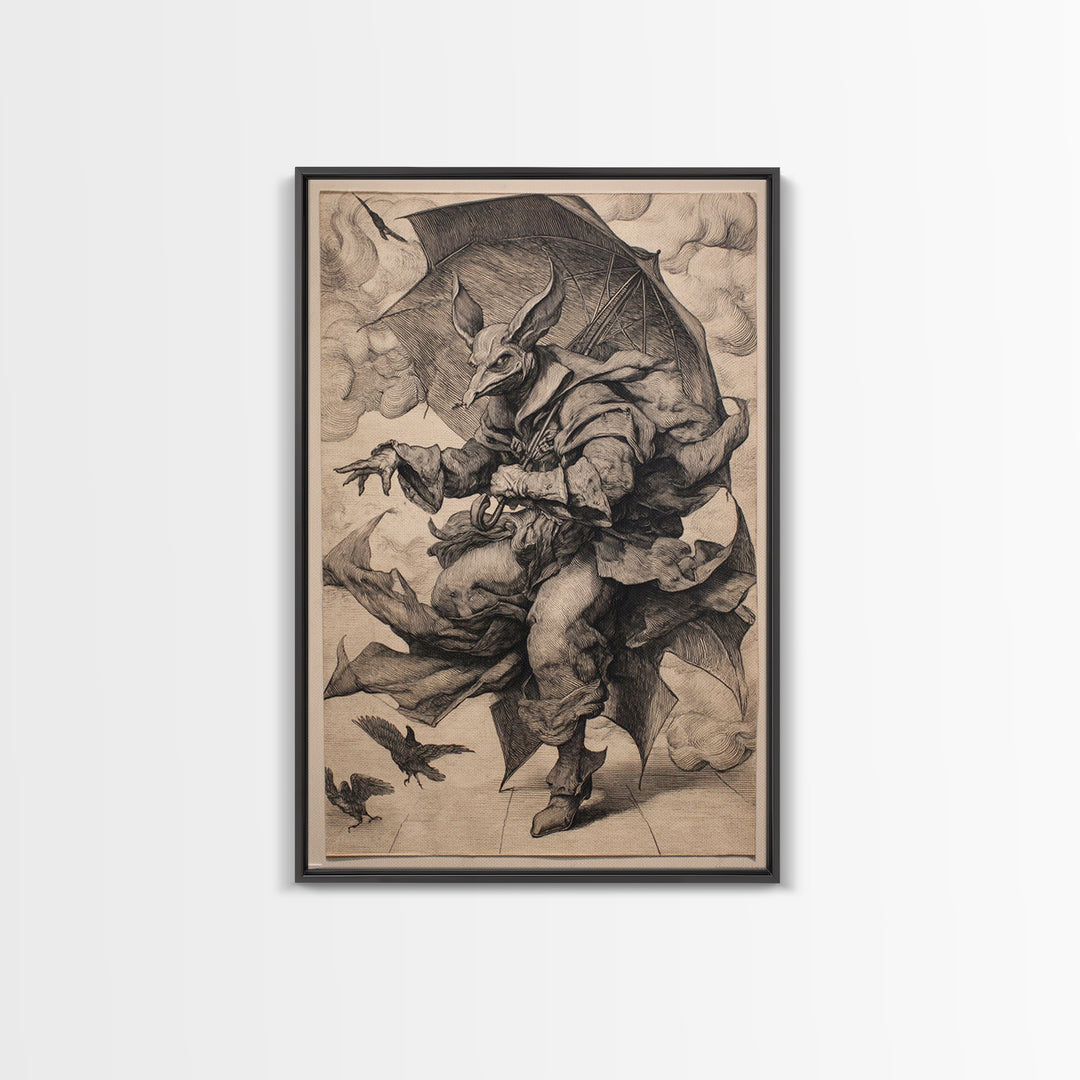 The Bat Umbrella Salesman, Renaissance Engraving Art, Vertical Wall Art, Dark Halloween Decor, Framed Canvas Print, Halloween Wall Art