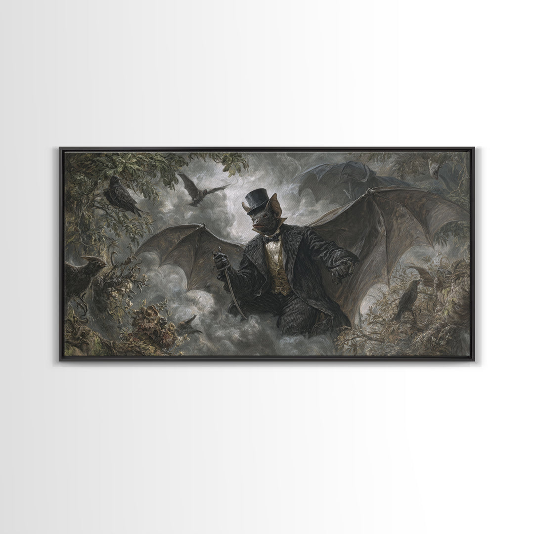 The Bat Umbrella Salesman, Baroque Witchcraft Art, Wide Panoramic Art, Dark Fantasy Wall Art, Canvas Print, Halloween Wall Art