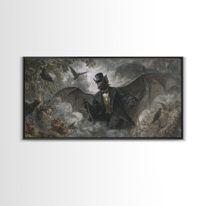 The Bat Umbrella Salesman, Baroque Witchcraft Art, Wide Panoramic Art, Dark Fantasy Wall Art, Canvas Print, Halloween Wall Art