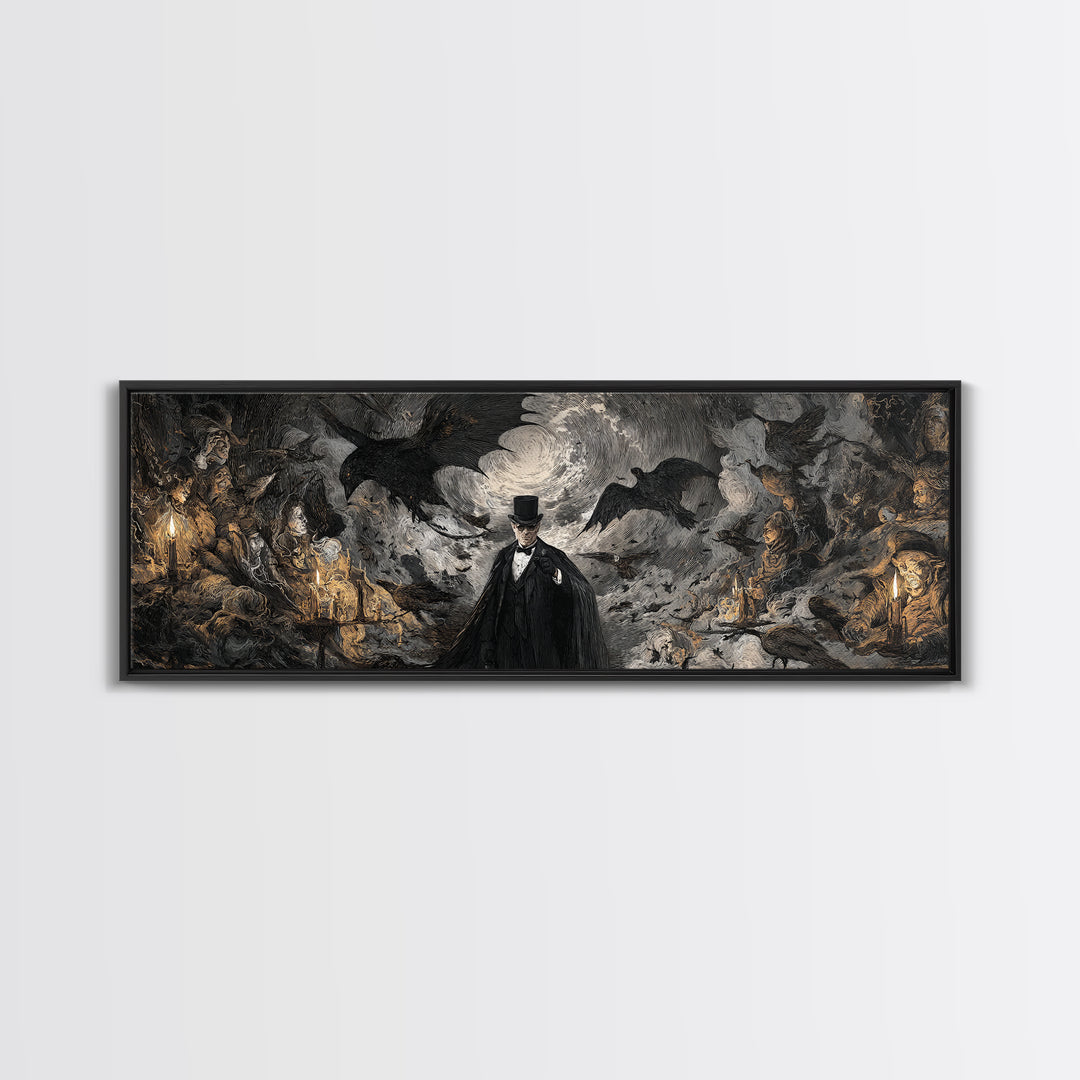 The Bat Umbrella Salesman, Dark Romantic Horror Art, Extra Wide Wall Art, Dark Halloween Decor, Canvas Print, Halloween Wall Art