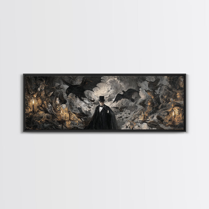 The Bat Umbrella Salesman, Dark Romantic Horror Art, Extra Wide Wall Art, Dark Halloween Decor, Canvas Print, Halloween Wall Art