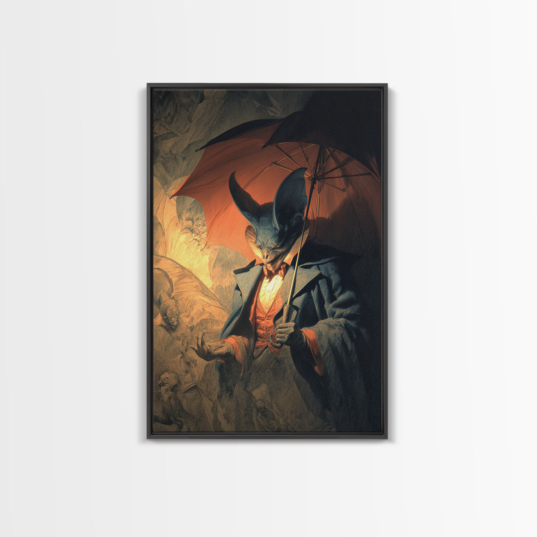 The Bat Umbrella Salesman, Gothic Nightmare Art, Vertical Wall Art, Dark Halloween Decor, Canvas Print, Halloween Wall Art
