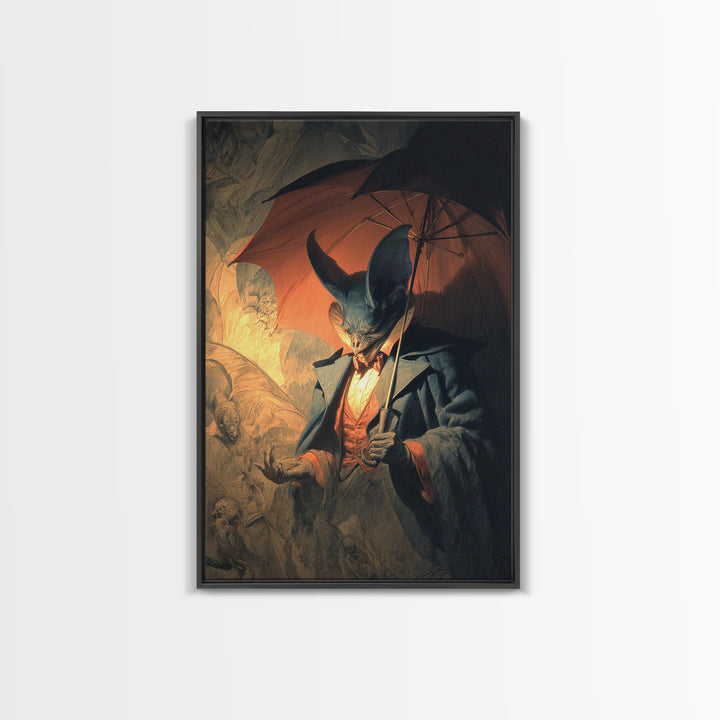 The Bat Umbrella Salesman, Gothic Nightmare Art, Vertical Wall Art, Dark Halloween Decor, Canvas Print, Halloween Wall Art
