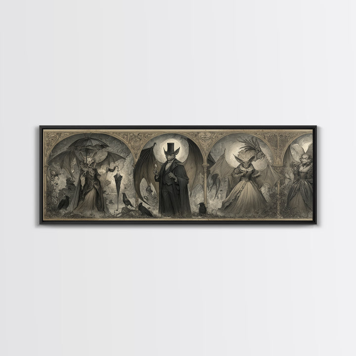 The Bat Umbrella Salesman, Visionary Gothic Art, Extra Wide Wall Art, Dark Halloween Decor, Framed Canvas Print, Halloween Wall Art