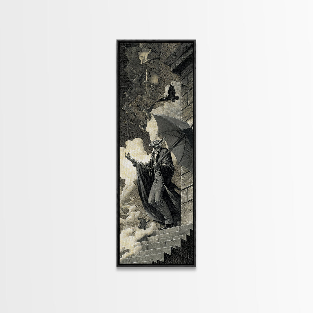 The Bat Umbrella Salesman, Architectural Etching Art, Tall Narrow Wall Art, Macabre Wall Art, Framed Canvas Print