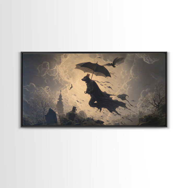 The Bat Umbrella Salesman, Romantic Gothic Landscape, Wide Panoramic Art, Dark Fantasy Wall Art, Canvas Print, Halloween Wall Art