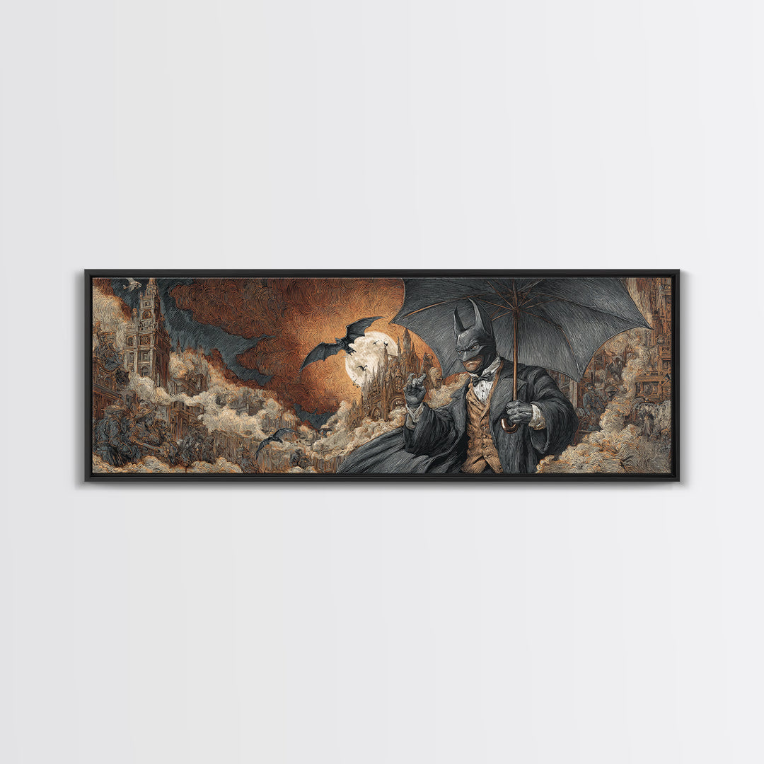 The Bat Umbrella Salesman, Apocalyptic Romantic Art, Extra Wide Wall Art, Macabre Wall Art, Framed Canvas Print, Halloween Wall Art