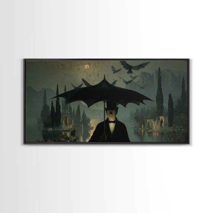 The Bat Umbrella Salesman, Symbolist Gothic Landscape, Wide Panoramic Art, Dark Halloween Decor, Canvas Print, Halloween Wall Art