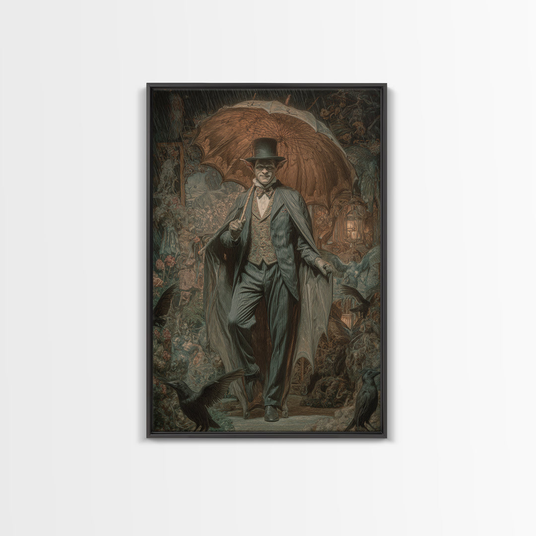 The Bat Umbrella Salesman, Ornate Symbolist Art, Vertical Wall Art, Gothic Horror Wall Art, Framed Canvas Print, Halloween Wall Art