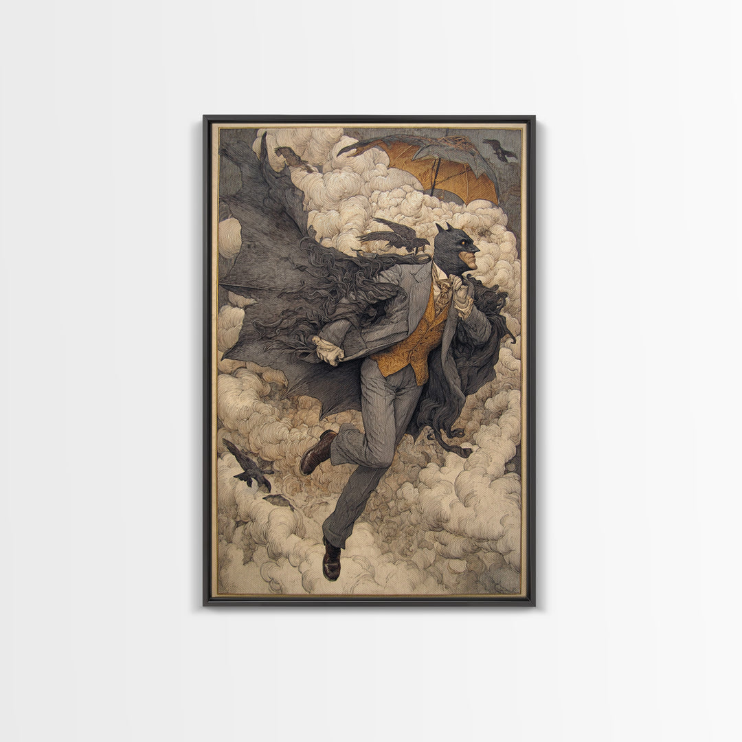 The Bat Umbrella Salesman, Symbolist Death Art, Vertical Wall Art, Dark Fantasy Wall Art, Canvas Print, Halloween Wall Art