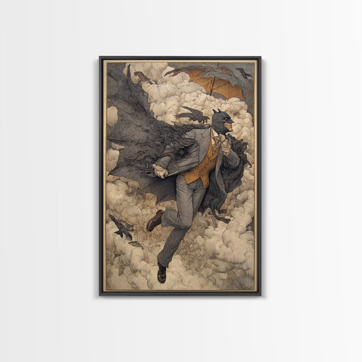 The Bat Umbrella Salesman, Symbolist Death Art, Vertical Wall Art, Dark Fantasy Wall Art, Canvas Print, Halloween Wall Art