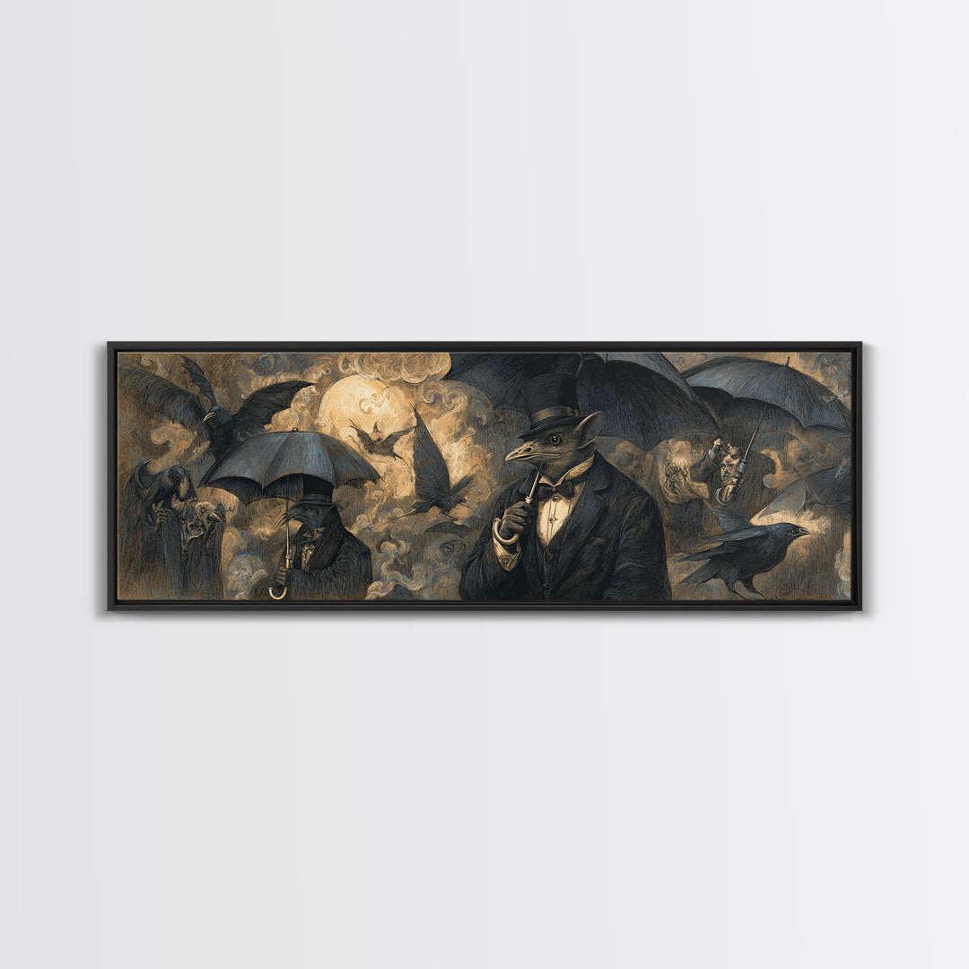 The Bat Umbrella Salesman, Expressionist Nightmare Art, Extra Wide Wall Art, Gothic Horror Wall Art, Canvas Print, Halloween Wall Art