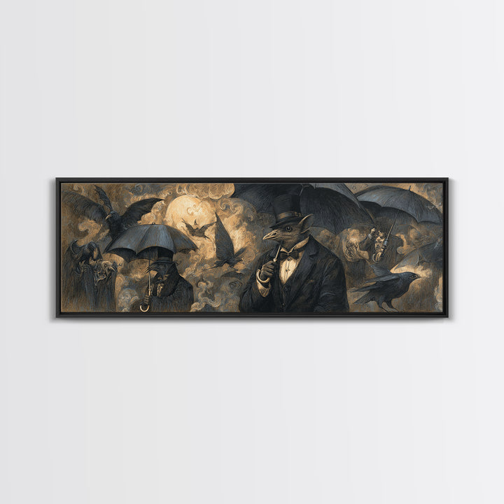 The Bat Umbrella Salesman, Expressionist Nightmare Art, Extra Wide Wall Art, Gothic Horror Wall Art, Canvas Print, Halloween Wall Art