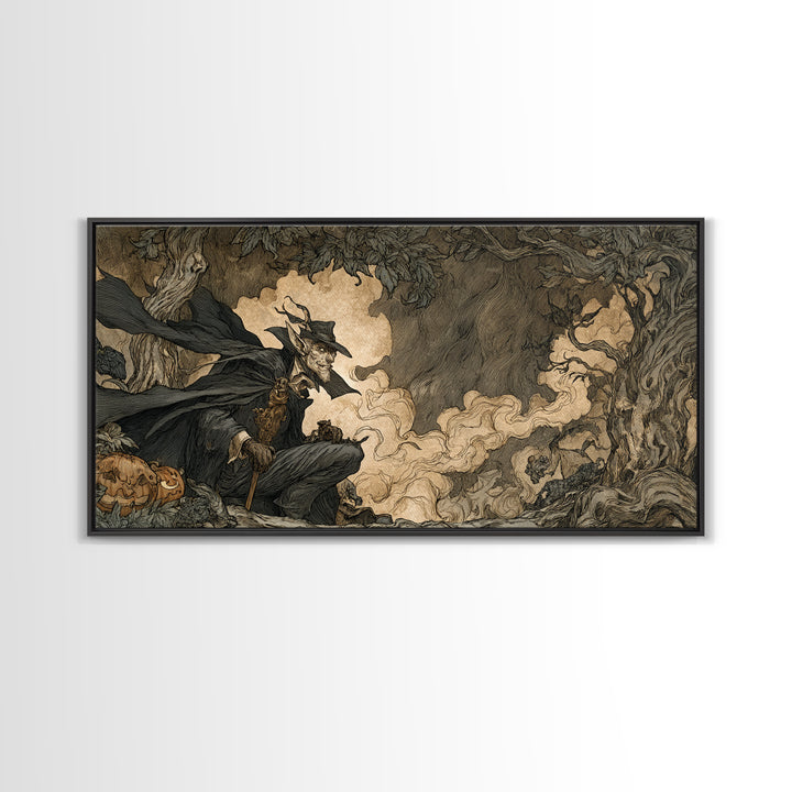 The Bat Umbrella Salesman, Gothic Storybook Art, Wide Panoramic Art, Dark Fantasy Wall Art, Framed Canvas Print, Halloween Wall Art