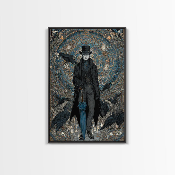 The Bat Umbrella Salesman, Stained Glass Gothic Art, Vertical Wall Art, Macabre Wall Art, Canvas Print, Halloween Wall Art, Halloween Decor