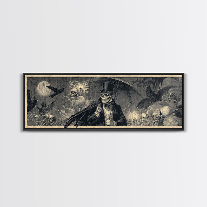 The Bat Umbrella Salesman, Macabre Folk Print Art, Extra Wide Wall Art, Dark Fantasy Wall Art, Canvas Print, Halloween Wall Art