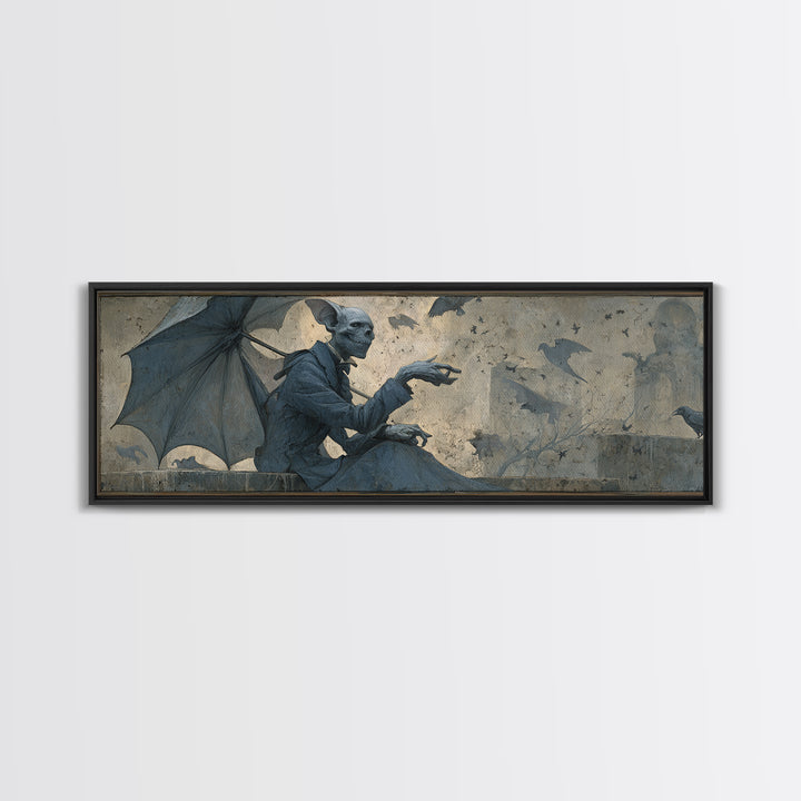 The Bat Umbrella Salesman, Surreal Apocalyptic Art, Extra Wide Wall Art, Macabre Wall Art, Framed Canvas Print, Halloween Wall Art