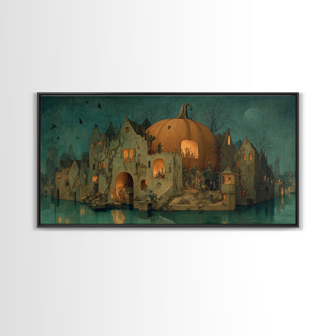 The Pumpkin-House Neighborhood, Medieval Grotesque Art, Wide Panoramic Art, Macabre Wall Art, Framed Canvas Print, Halloween Wall Art