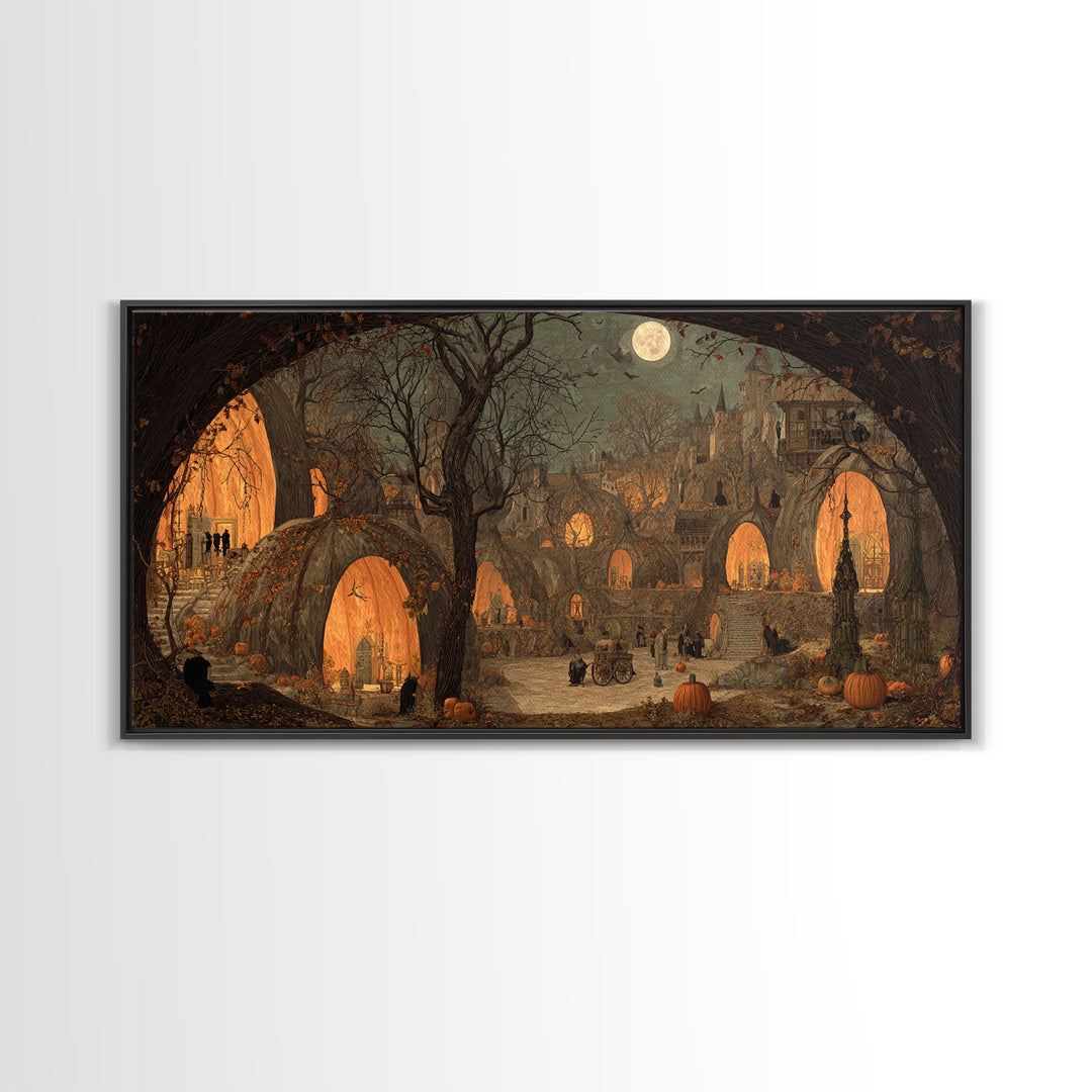 The Pumpkin-House Neighborhood, Northern Renaissance Horror, Wide Panoramic Art, Dark Fantasy Wall Art, Framed Canvas Print