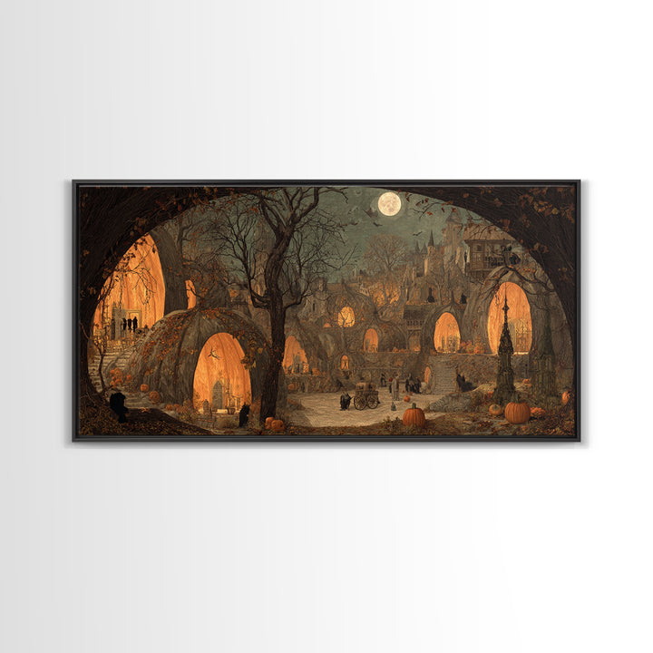 The Pumpkin-House Neighborhood, Northern Renaissance Horror, Wide Panoramic Art, Dark Fantasy Wall Art, Framed Canvas Print
