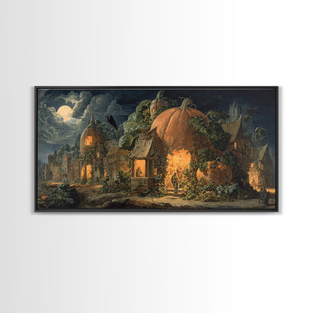The Pumpkin-House Neighborhood, Dark Renaissance Art, Wide Panoramic Art, Dark Halloween Decor, Framed Canvas Print