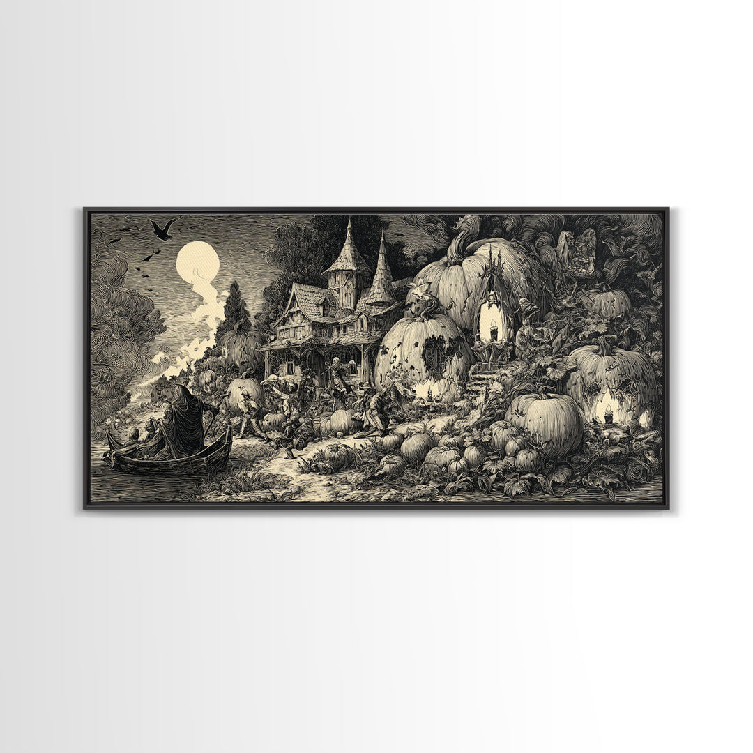 The Pumpkin-House Neighborhood, Renaissance Engraving Art, Wide Panoramic Art, Dark Halloween Decor, Canvas Print, Halloween Wall Art