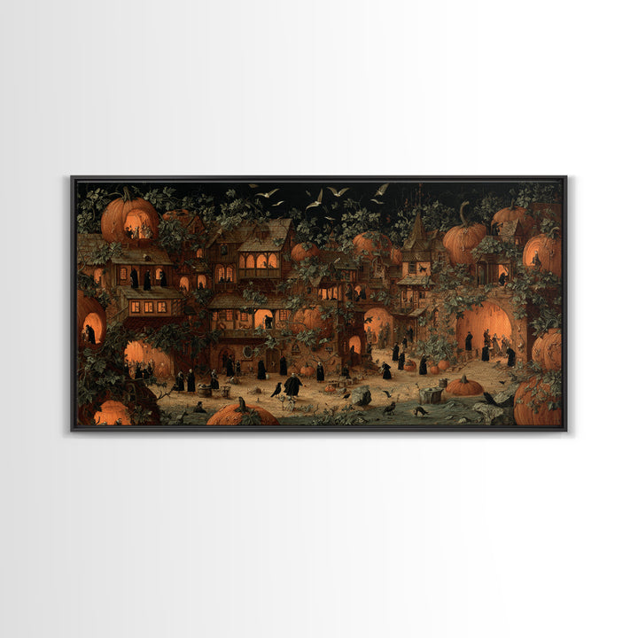 The Pumpkin-House Neighborhood, Danse Macabre Art, Wide Panoramic Art, Macabre Wall Art, Framed Canvas Print