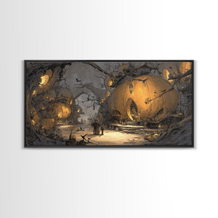 The Pumpkin-House Neighborhood, Baroque Witchcraft Art, Wide Panoramic Art, Dark Halloween Decor, Framed Canvas Print