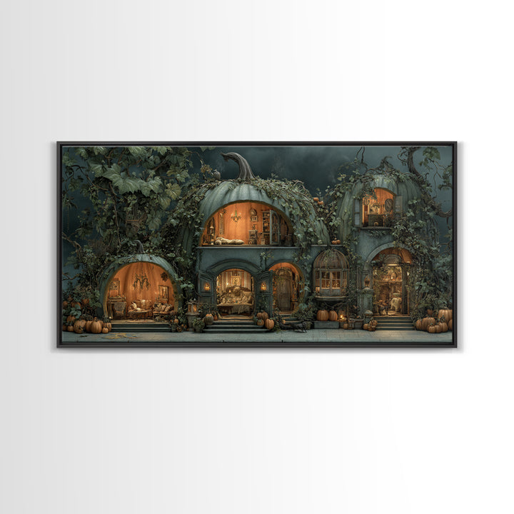 The Pumpkin-House Neighborhood, Gothic Nightmare Art, Wide Panoramic Art, Dark Halloween Decor, Canvas Print, Halloween Wall Art