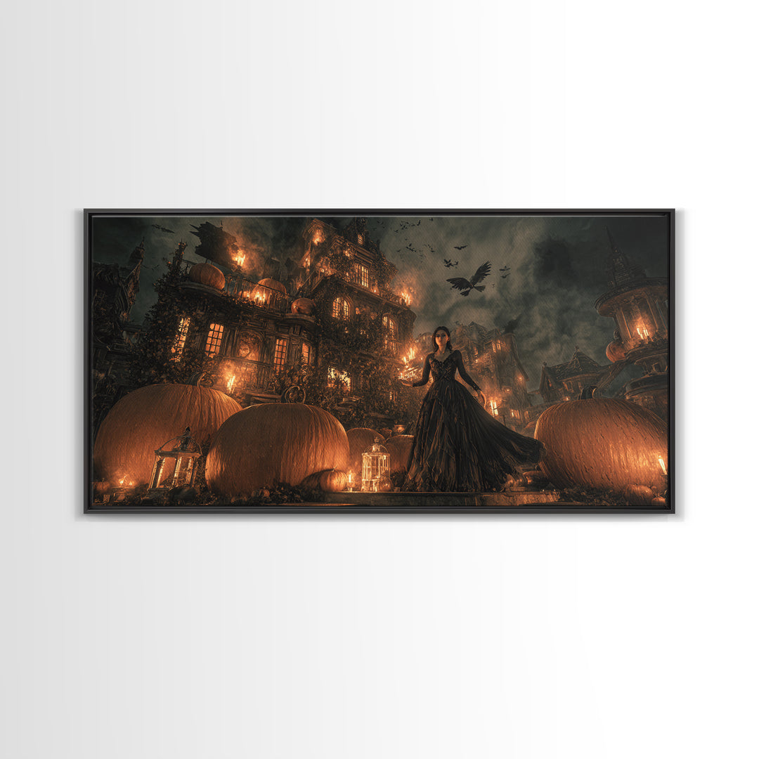 The Pumpkin-House Neighborhood, Visionary Gothic Art, Wide Panoramic Art, Macabre Wall Art, Framed Canvas Print, Halloween Wall Art