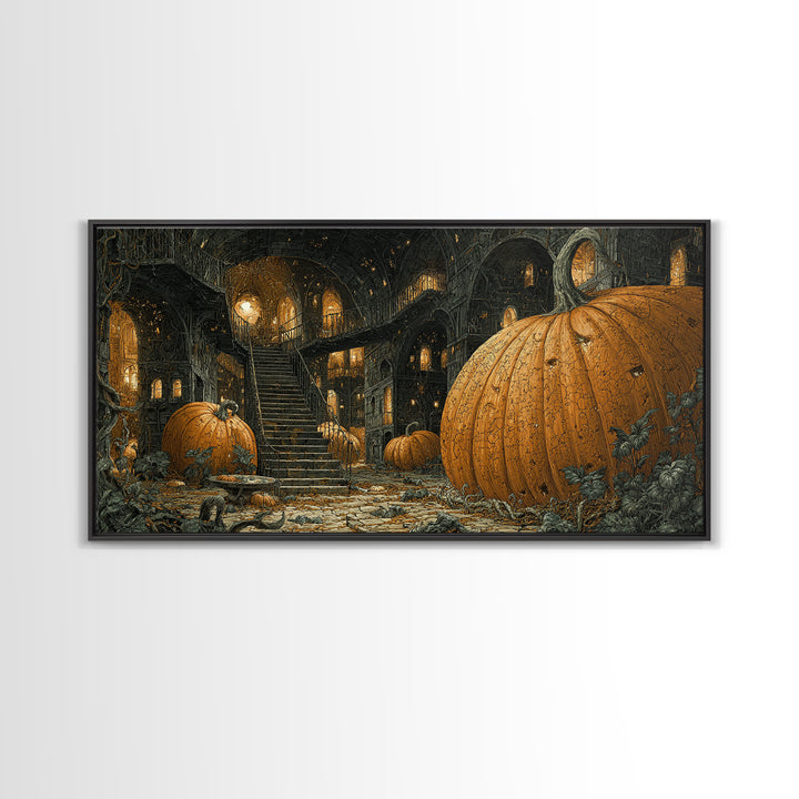 The Pumpkin-House Neighborhood, Architectural Etching Art, Wide Panoramic Art, Gothic Horror Wall Art, Canvas Print