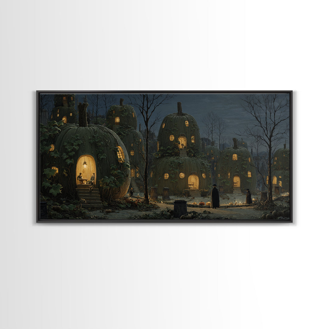 The Pumpkin-House Neighborhood, Romantic Gothic Landscape, Wide Panoramic Art, Macabre Wall Art, Framed Canvas Print