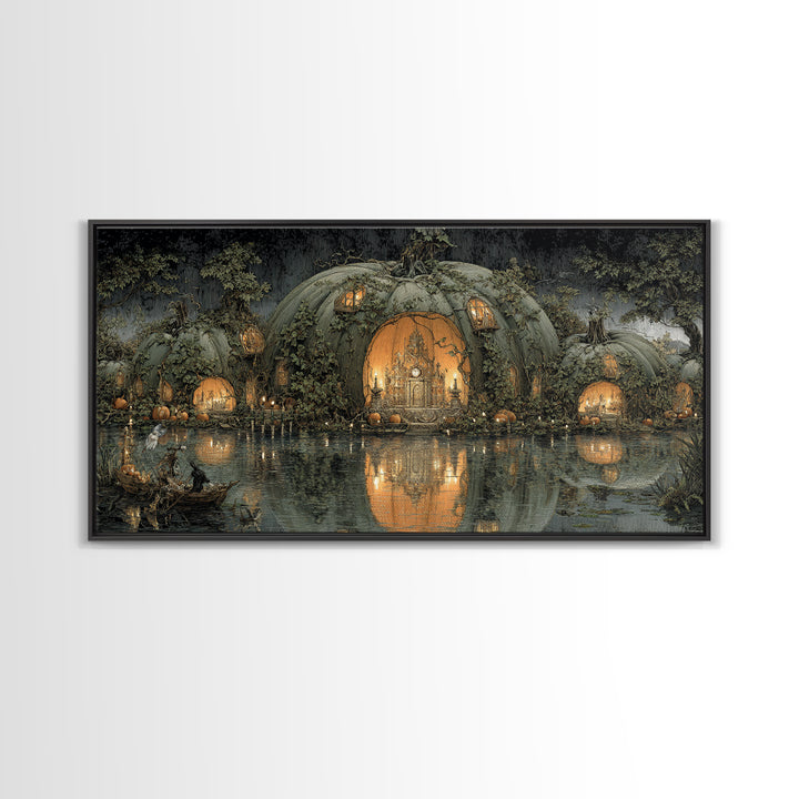 The Pumpkin-House Neighborhood, Symbolist Gothic Landscape, Wide Panoramic Art, Dark Halloween Decor, Canvas Print, Halloween Wall Art
