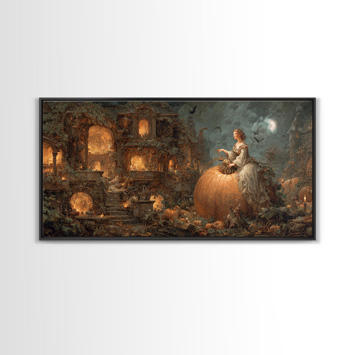The Pumpkin-House Neighborhood, Ornate Symbolist Art, Wide Panoramic Art, Dark Halloween Decor, Framed Canvas Print