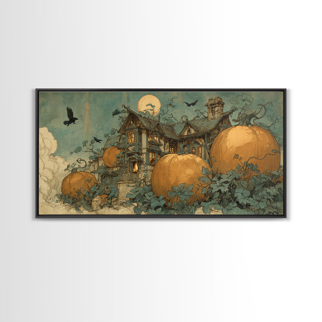 The Pumpkin-House Neighborhood, Decadent Gothic Art, Wide Panoramic Art, Dark Fantasy Wall Art, Framed Canvas Print