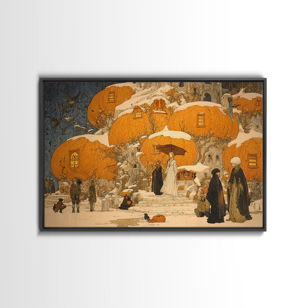 The Pumpkin-House Neighborhood, Symbolist Death Art, Landscape Wall Art, Macabre Wall Art, Framed Canvas Print, Halloween Wall Art
