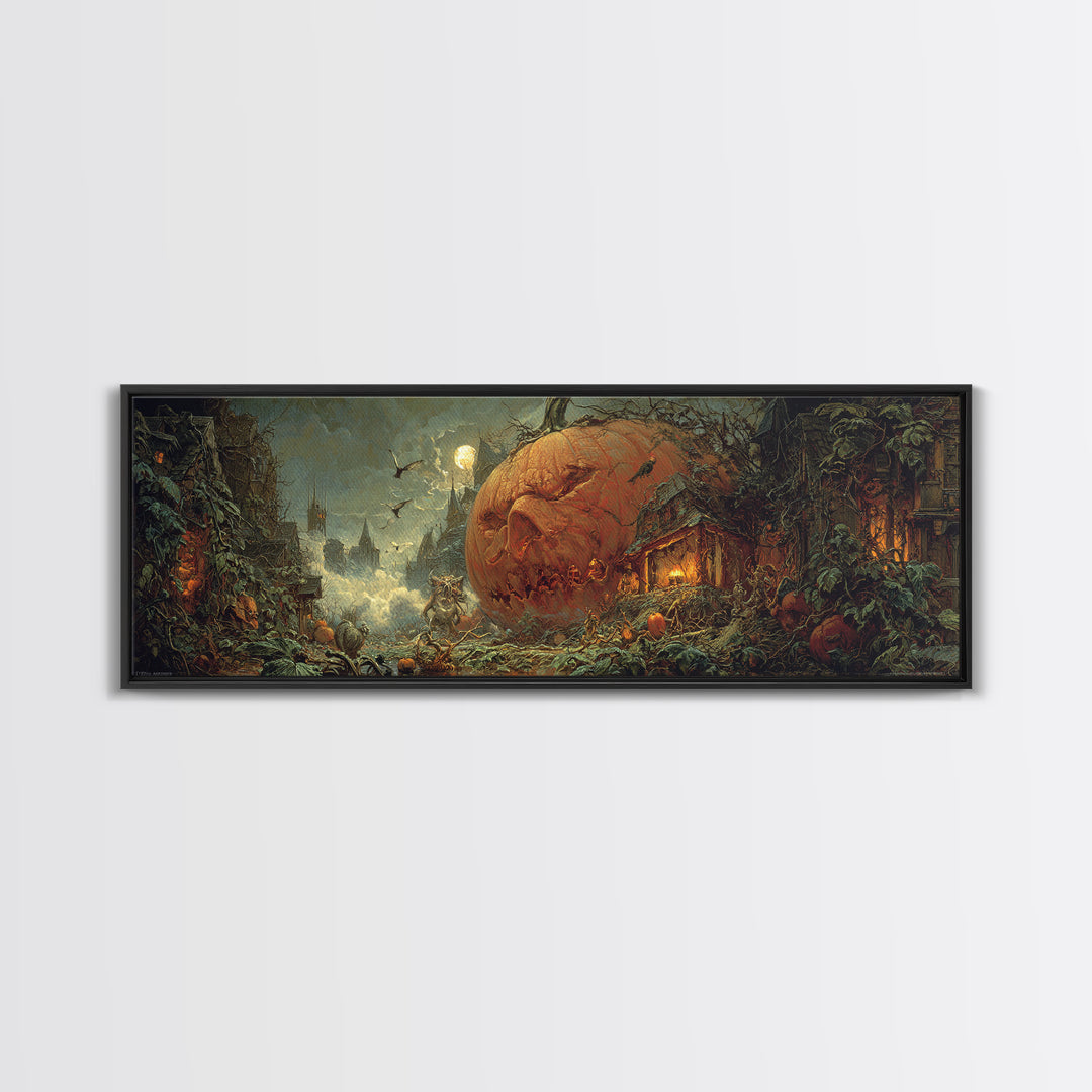 The Pumpkin-House Neighborhood, Symbolist Etching Art, Extra Wide Wall Art, Gothic Horror Wall Art, Framed Canvas Print, Dark Fantasy Art