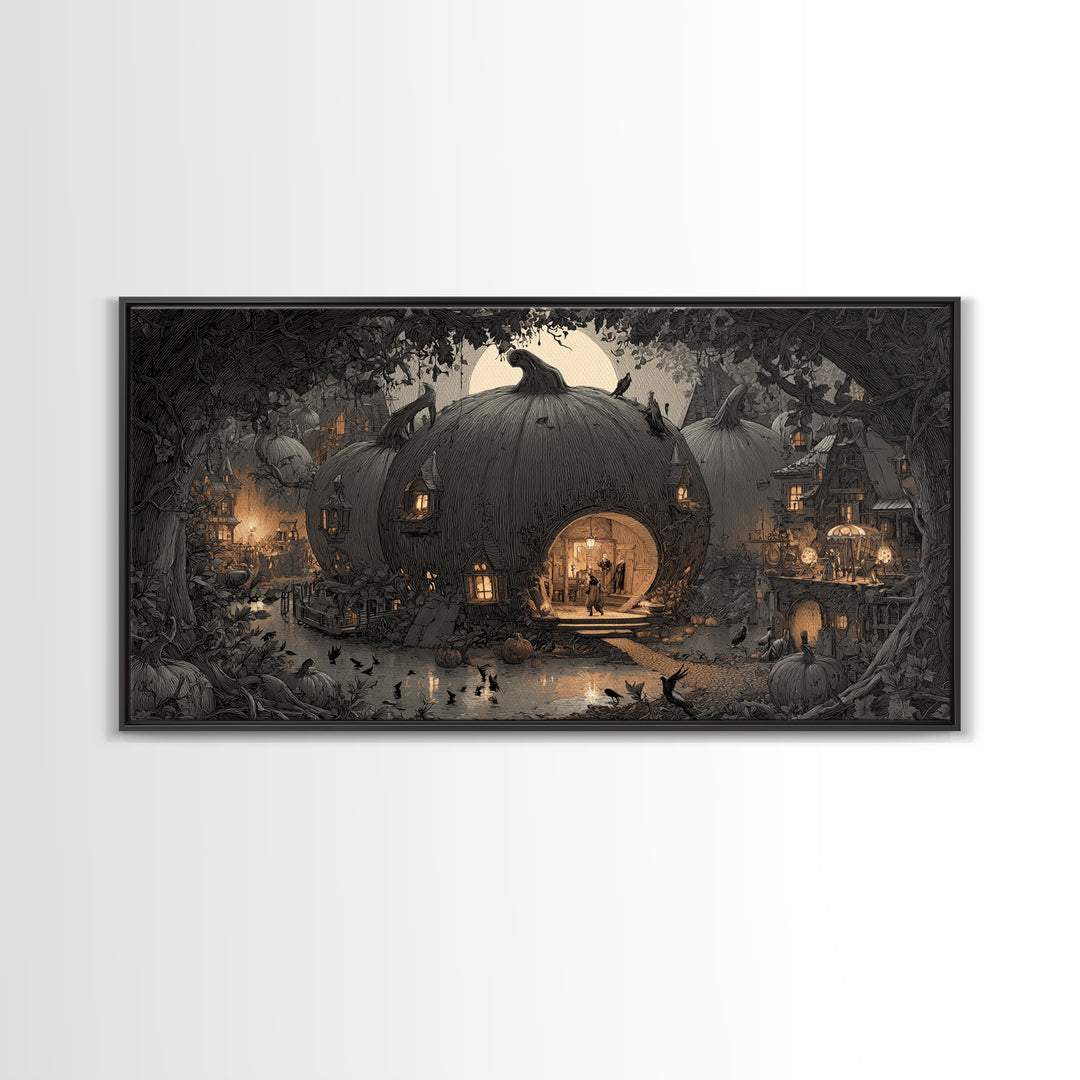 The Pumpkin-House Neighborhood, Expressionist Nightmare Art, Wide Panoramic Art, Gothic Horror Wall Art, Framed Canvas Print