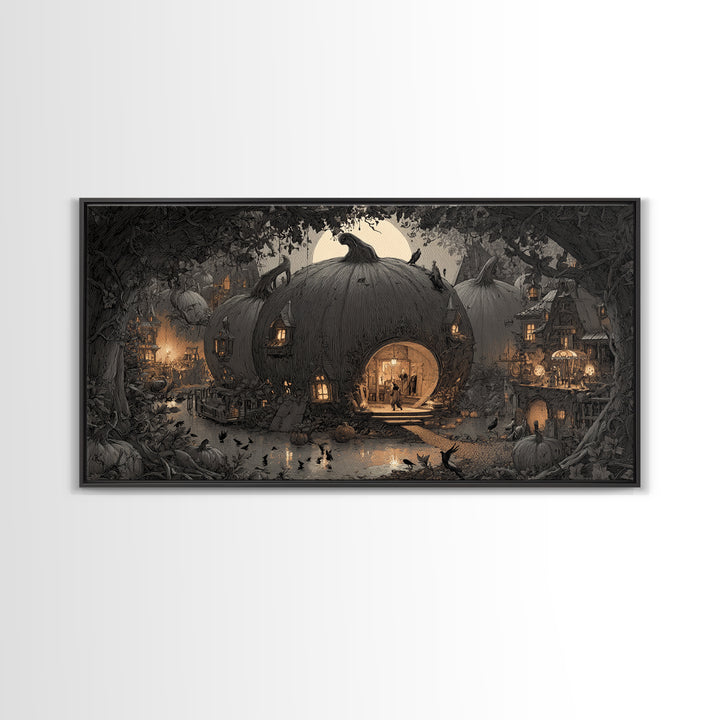 The Pumpkin-House Neighborhood, Expressionist Nightmare Art, Wide Panoramic Art, Gothic Horror Wall Art, Framed Canvas Print