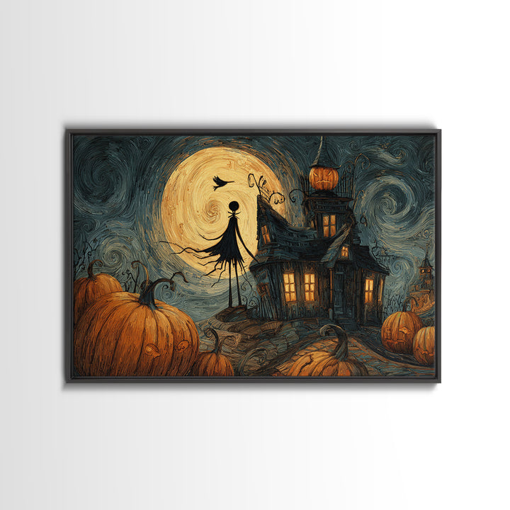 The Pumpkin-House Neighborhood, Expressionist Gothic Art, Landscape Wall Art, Gothic Horror Wall Art, Framed Canvas Print, Dark Fantasy Art