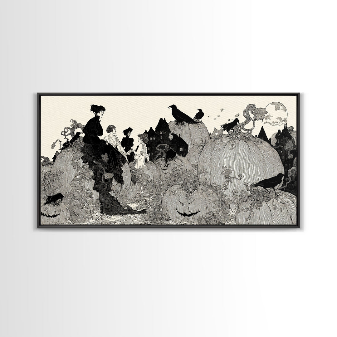 The Pumpkin-House Neighborhood, Decadent Line Art, Wide Panoramic Art, Dark Fantasy Wall Art, Framed Canvas Print