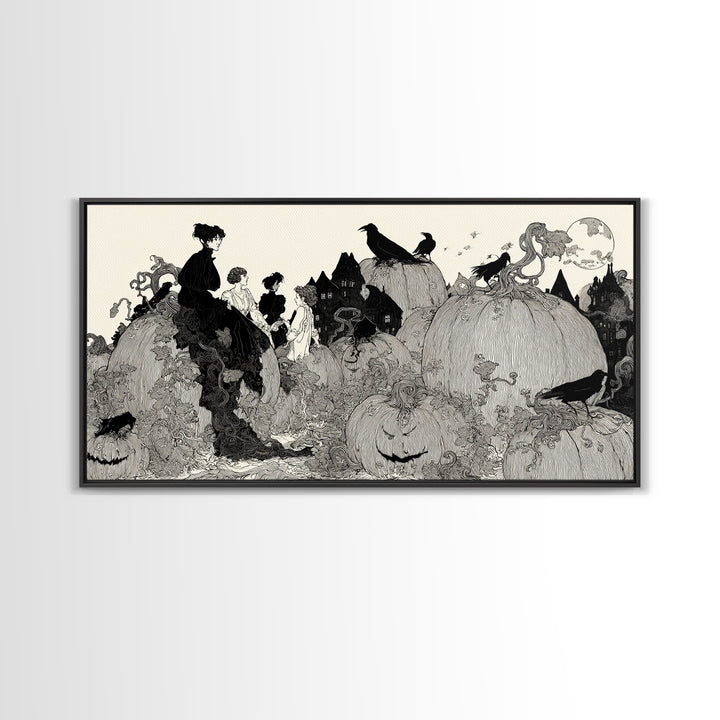 The Pumpkin-House Neighborhood, Decadent Line Art, Wide Panoramic Art, Dark Fantasy Wall Art, Framed Canvas Print