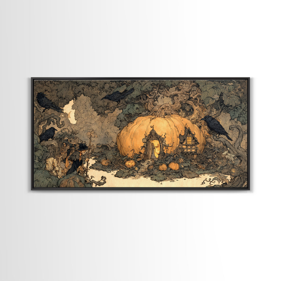 The Pumpkin-House Neighborhood, Gothic Storybook Art, Wide Panoramic Art, Gothic Horror Wall Art, Framed Canvas Print
