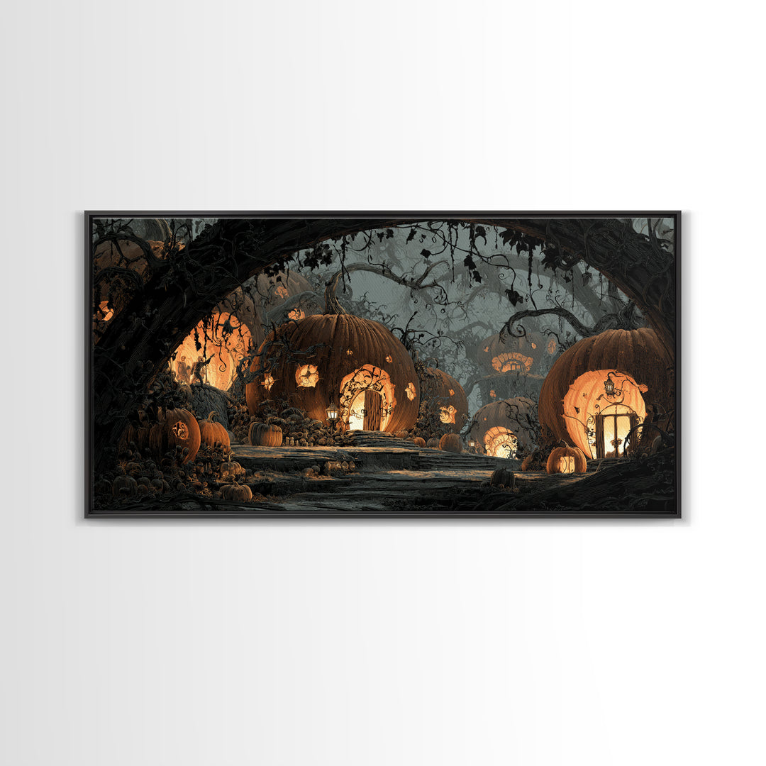 The Pumpkin-House Neighborhood, Macabre Folk Print Art, Wide Panoramic Art, Macabre Wall Art, Framed Canvas Print